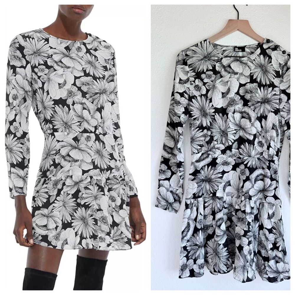 NEW The Kooples 100% Silk Romantic Garden Mini Dress in Black & White Sz 1 (US4)